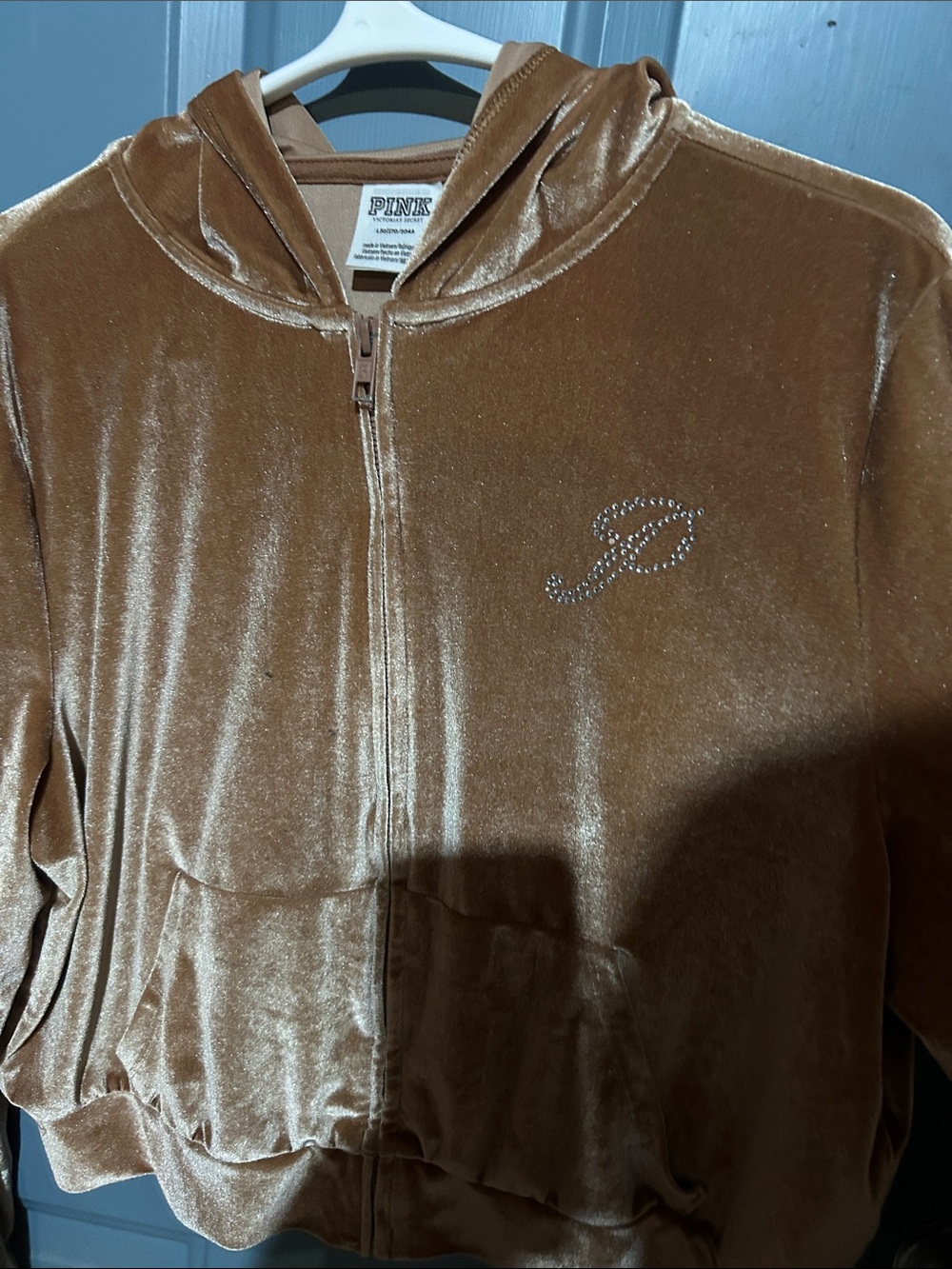 PINK Victoria's Secret Brown Velvet Zip Hoodie with Rhinestone P Logo